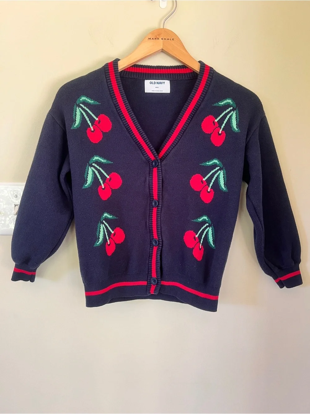 Old Navy Slouchy Long-Sleeve Cherry Print Cardigan Sweater, Navy/Red, Size M (8)